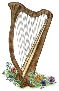 Celtic harp, drawing by Tanah Haney